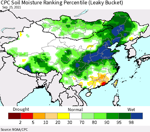 China, Mongolia and Taiwan CPC Soil Moisture Ranking Percentile (Leaky Bucket) Thematic Map For 9/21/2021 - 9/25/2021