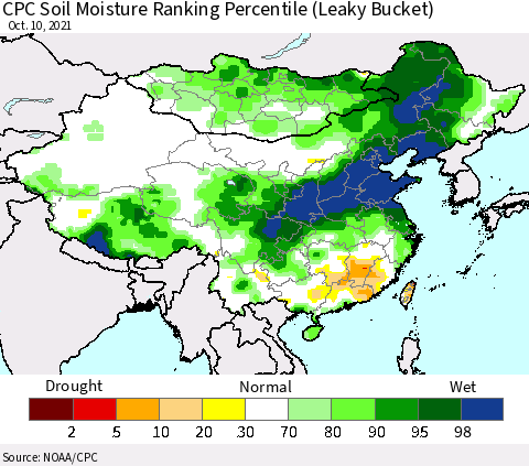 China, Mongolia and Taiwan CPC Soil Moisture Ranking Percentile (Leaky Bucket) Thematic Map For 10/6/2021 - 10/10/2021
