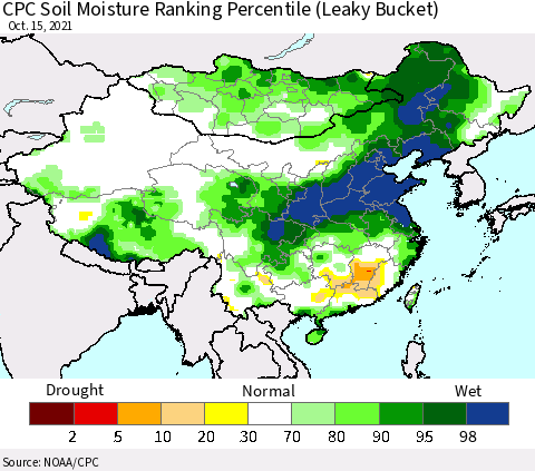 China, Mongolia and Taiwan CPC Soil Moisture Ranking Percentile (Leaky Bucket) Thematic Map For 10/11/2021 - 10/15/2021