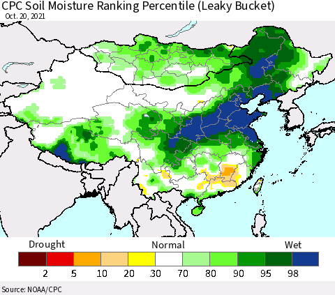 China, Mongolia and Taiwan CPC Soil Moisture Ranking Percentile (Leaky Bucket) Thematic Map For 10/16/2021 - 10/20/2021
