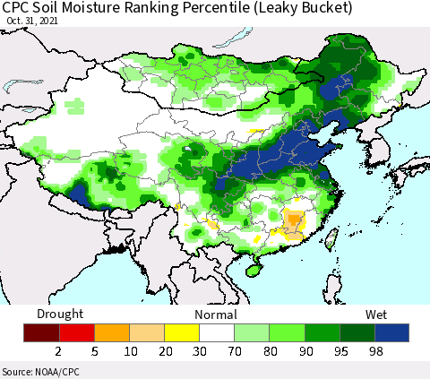 China, Mongolia and Taiwan CPC Soil Moisture Ranking Percentile (Leaky Bucket) Thematic Map For 10/26/2021 - 10/31/2021
