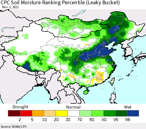 China, Mongolia and Taiwan CPC Soil Moisture Ranking Percentile (Leaky Bucket) Thematic Map For 11/1/2021 - 11/5/2021