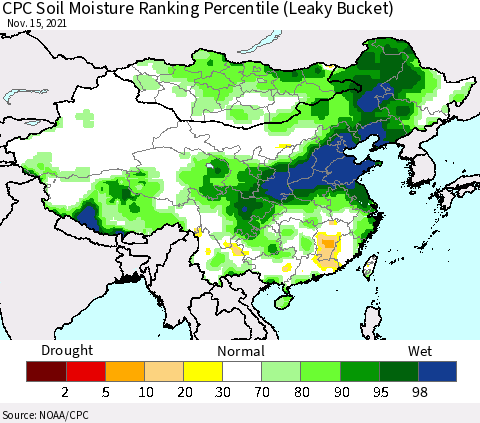 China, Mongolia and Taiwan CPC Soil Moisture Ranking Percentile (Leaky Bucket) Thematic Map For 11/11/2021 - 11/15/2021