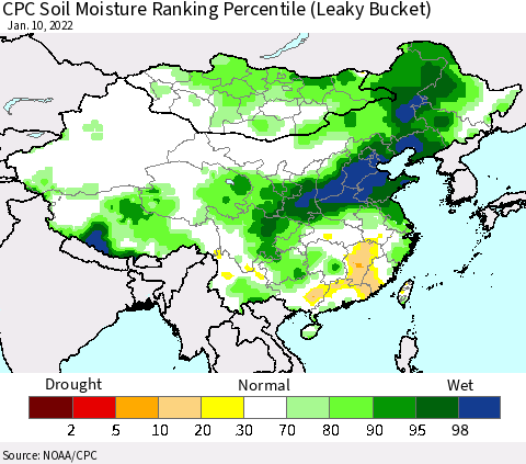 China, Mongolia and Taiwan CPC Soil Moisture Ranking Percentile (Leaky Bucket) Thematic Map For 1/6/2022 - 1/10/2022