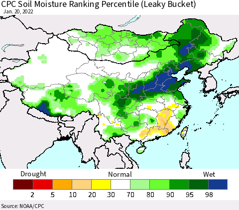 China, Mongolia and Taiwan CPC Soil Moisture Ranking Percentile (Leaky Bucket) Thematic Map For 1/16/2022 - 1/20/2022