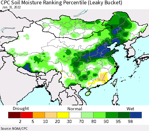 China, Mongolia and Taiwan CPC Soil Moisture Ranking Percentile (Leaky Bucket) Thematic Map For 1/26/2022 - 1/31/2022