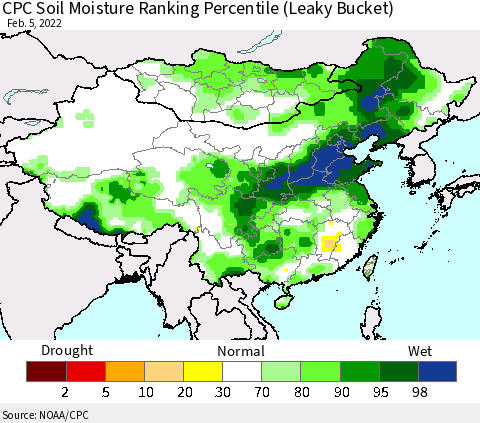 China, Mongolia and Taiwan CPC Soil Moisture Ranking Percentile (Leaky Bucket) Thematic Map For 2/1/2022 - 2/5/2022