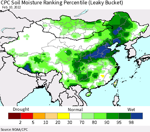 China, Mongolia and Taiwan CPC Soil Moisture Ranking Percentile (Leaky Bucket) Thematic Map For 2/6/2022 - 2/10/2022