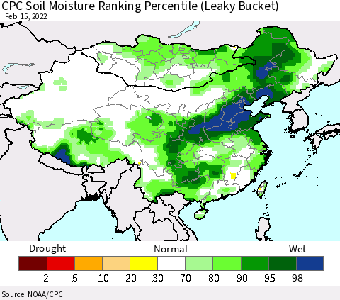 China, Mongolia and Taiwan CPC Soil Moisture Ranking Percentile (Leaky Bucket) Thematic Map For 2/11/2022 - 2/15/2022