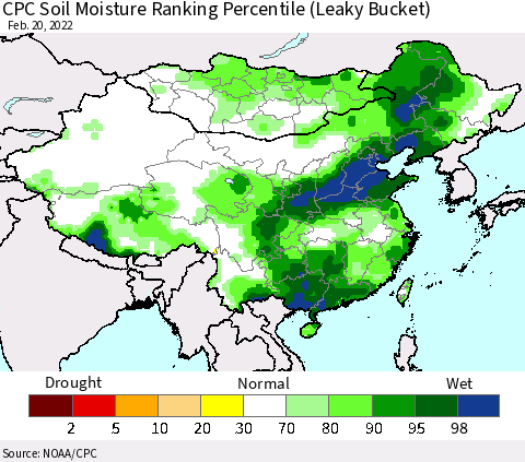 China, Mongolia and Taiwan CPC Soil Moisture Ranking Percentile (Leaky Bucket) Thematic Map For 2/16/2022 - 2/20/2022