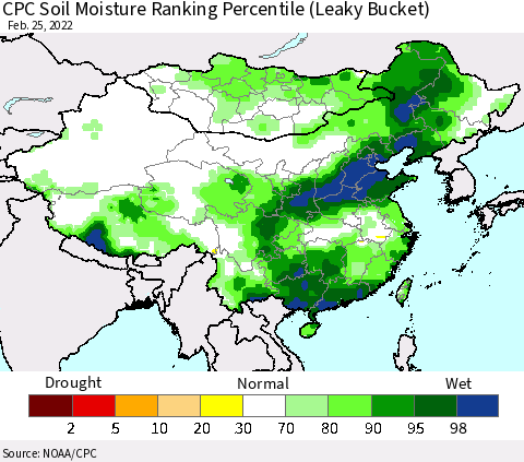 China, Mongolia and Taiwan CPC Soil Moisture Ranking Percentile (Leaky Bucket) Thematic Map For 2/21/2022 - 2/25/2022