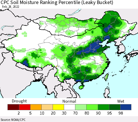 China, Mongolia and Taiwan CPC Soil Moisture Ranking Percentile (Leaky Bucket) Thematic Map For 2/26/2022 - 2/28/2022