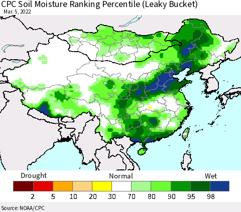 China, Mongolia and Taiwan CPC Soil Moisture Ranking Percentile (Leaky Bucket) Thematic Map For 3/1/2022 - 3/5/2022