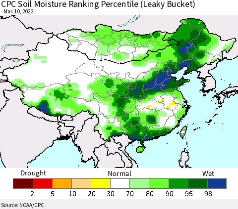 China, Mongolia and Taiwan CPC Soil Moisture Ranking Percentile (Leaky Bucket) Thematic Map For 3/6/2022 - 3/10/2022