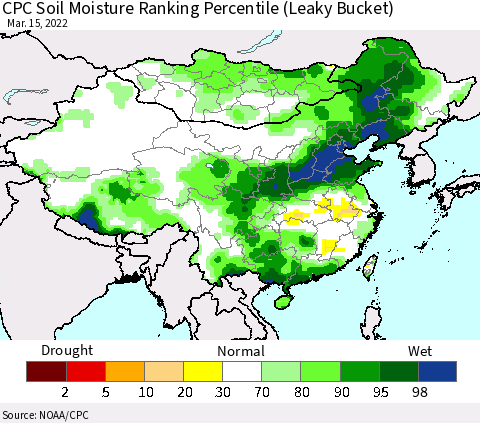 China, Mongolia and Taiwan CPC Soil Moisture Ranking Percentile (Leaky Bucket) Thematic Map For 3/11/2022 - 3/15/2022