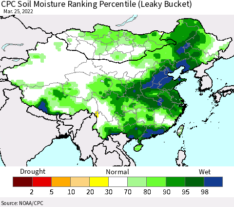 China, Mongolia and Taiwan CPC Soil Moisture Ranking Percentile (Leaky Bucket) Thematic Map For 3/21/2022 - 3/25/2022