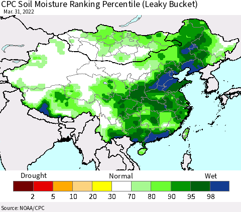 China, Mongolia and Taiwan CPC Soil Moisture Ranking Percentile (Leaky Bucket) Thematic Map For 3/26/2022 - 3/31/2022