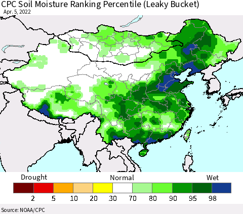 China, Mongolia and Taiwan CPC Soil Moisture Ranking Percentile (Leaky Bucket) Thematic Map For 4/1/2022 - 4/5/2022