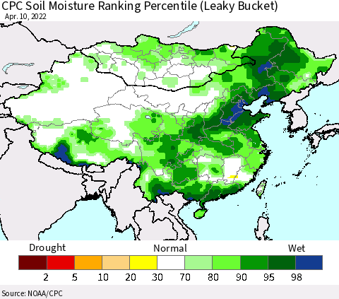 China, Mongolia and Taiwan CPC Soil Moisture Ranking Percentile (Leaky Bucket) Thematic Map For 4/6/2022 - 4/10/2022