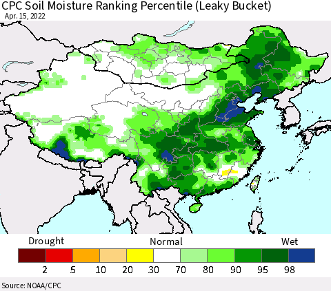 China, Mongolia and Taiwan CPC Soil Moisture Ranking Percentile (Leaky Bucket) Thematic Map For 4/11/2022 - 4/15/2022