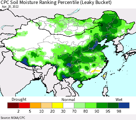 China, Mongolia and Taiwan CPC Soil Moisture Ranking Percentile (Leaky Bucket) Thematic Map For 4/16/2022 - 4/20/2022