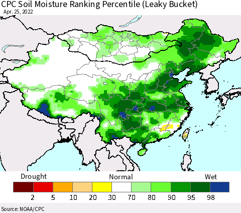 China, Mongolia and Taiwan CPC Soil Moisture Ranking Percentile (Leaky Bucket) Thematic Map For 4/21/2022 - 4/25/2022