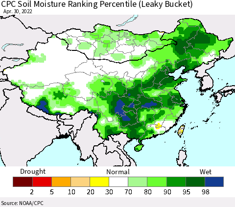 China, Mongolia and Taiwan CPC Soil Moisture Ranking Percentile (Leaky Bucket) Thematic Map For 4/26/2022 - 4/30/2022