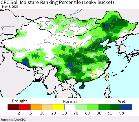 China, Mongolia and Taiwan CPC Soil Moisture Ranking Percentile (Leaky Bucket) Thematic Map For 5/1/2022 - 5/5/2022