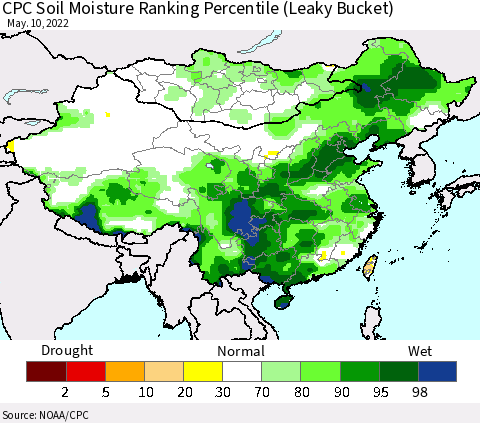 China, Mongolia and Taiwan CPC Soil Moisture Ranking Percentile (Leaky Bucket) Thematic Map For 5/6/2022 - 5/10/2022