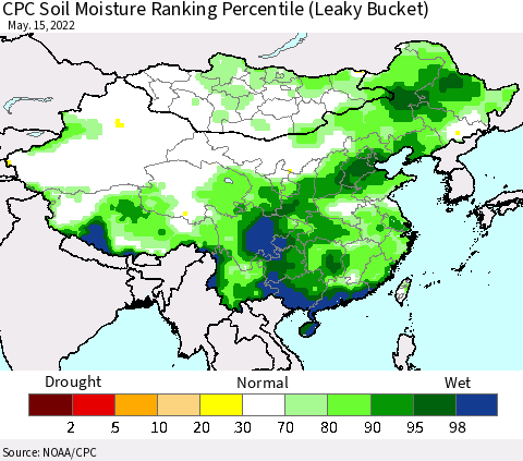 China, Mongolia and Taiwan CPC Soil Moisture Ranking Percentile (Leaky Bucket) Thematic Map For 5/11/2022 - 5/15/2022
