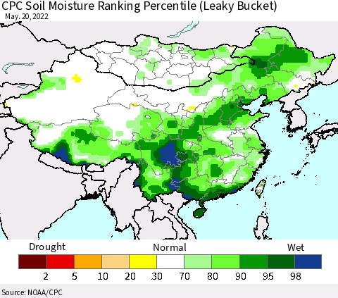 China, Mongolia and Taiwan CPC Soil Moisture Ranking Percentile (Leaky Bucket) Thematic Map For 5/16/2022 - 5/20/2022