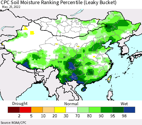 China, Mongolia and Taiwan CPC Soil Moisture Ranking Percentile (Leaky Bucket) Thematic Map For 5/21/2022 - 5/25/2022