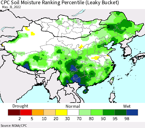 China, Mongolia and Taiwan CPC Soil Moisture Ranking Percentile (Leaky Bucket) Thematic Map For 5/26/2022 - 5/31/2022
