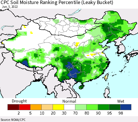 China, Mongolia and Taiwan CPC Soil Moisture Ranking Percentile (Leaky Bucket) Thematic Map For 6/1/2022 - 6/5/2022