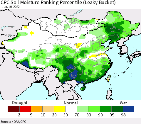 China, Mongolia and Taiwan CPC Soil Moisture Ranking Percentile (Leaky Bucket) Thematic Map For 6/6/2022 - 6/10/2022