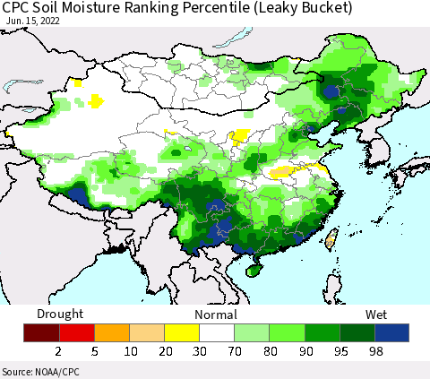 China, Mongolia and Taiwan CPC Soil Moisture Ranking Percentile (Leaky Bucket) Thematic Map For 6/11/2022 - 6/15/2022
