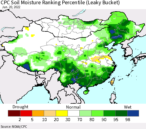China, Mongolia and Taiwan CPC Soil Moisture Ranking Percentile (Leaky Bucket) Thematic Map For 6/16/2022 - 6/20/2022