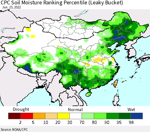 China, Mongolia and Taiwan CPC Soil Moisture Ranking Percentile (Leaky Bucket) Thematic Map For 6/21/2022 - 6/25/2022