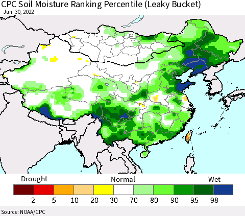 China, Mongolia and Taiwan CPC Soil Moisture Ranking Percentile (Leaky Bucket) Thematic Map For 6/26/2022 - 6/30/2022