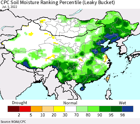 China, Mongolia and Taiwan CPC Soil Moisture Ranking Percentile (Leaky Bucket) Thematic Map For 7/1/2022 - 7/5/2022