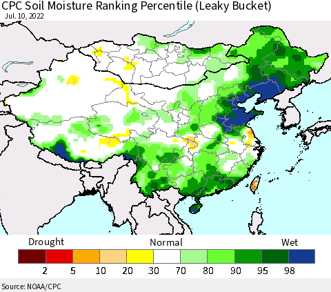 China, Mongolia and Taiwan CPC Soil Moisture Ranking Percentile (Leaky Bucket) Thematic Map For 7/6/2022 - 7/10/2022