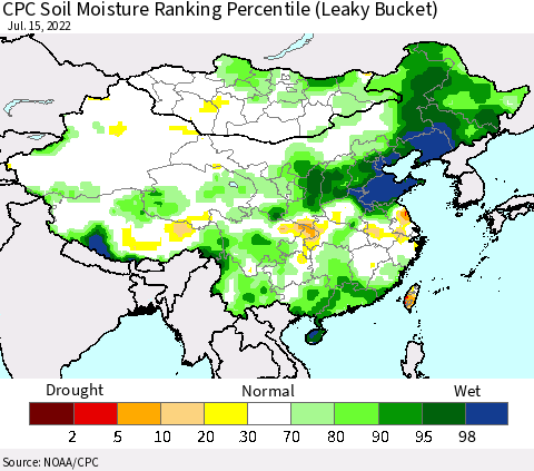 China, Mongolia and Taiwan CPC Soil Moisture Ranking Percentile (Leaky Bucket) Thematic Map For 7/11/2022 - 7/15/2022