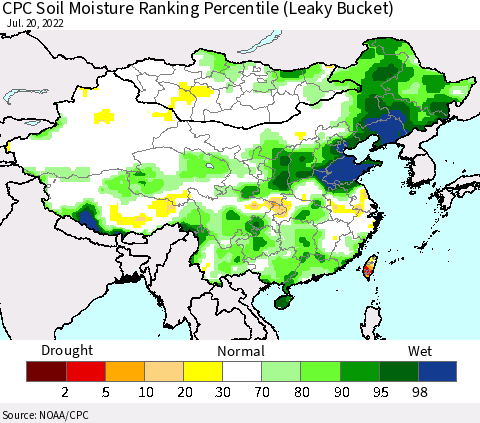 China, Mongolia and Taiwan CPC Soil Moisture Ranking Percentile (Leaky Bucket) Thematic Map For 7/16/2022 - 7/20/2022