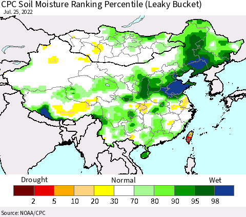 China, Mongolia and Taiwan CPC Soil Moisture Ranking Percentile (Leaky Bucket) Thematic Map For 7/21/2022 - 7/25/2022