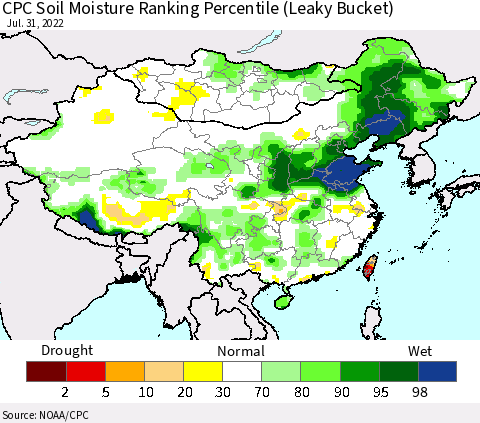 China, Mongolia and Taiwan CPC Soil Moisture Ranking Percentile (Leaky Bucket) Thematic Map For 7/26/2022 - 7/31/2022
