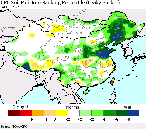 China, Mongolia and Taiwan CPC Soil Moisture Ranking Percentile (Leaky Bucket) Thematic Map For 8/1/2022 - 8/5/2022