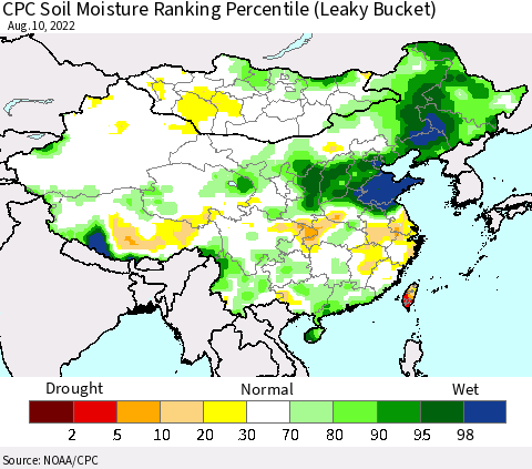 China, Mongolia and Taiwan CPC Soil Moisture Ranking Percentile (Leaky Bucket) Thematic Map For 8/6/2022 - 8/10/2022