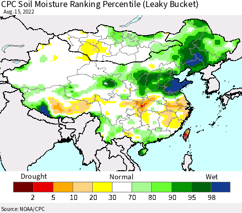 China, Mongolia and Taiwan CPC Soil Moisture Ranking Percentile (Leaky Bucket) Thematic Map For 8/11/2022 - 8/15/2022