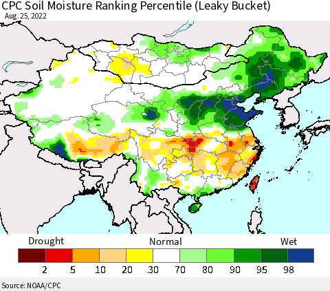 China, Mongolia and Taiwan CPC Soil Moisture Ranking Percentile (Leaky Bucket) Thematic Map For 8/21/2022 - 8/25/2022