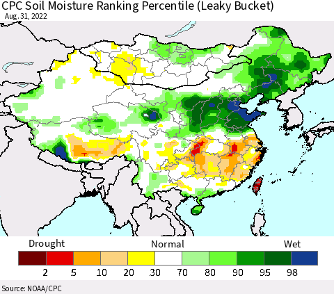 China, Mongolia and Taiwan CPC Soil Moisture Ranking Percentile (Leaky Bucket) Thematic Map For 8/26/2022 - 8/31/2022
